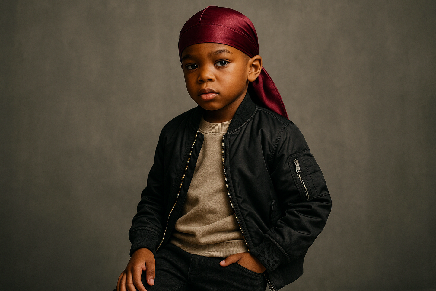 FASHIONABLE CHILD WEARING BURGUNDY DURAG