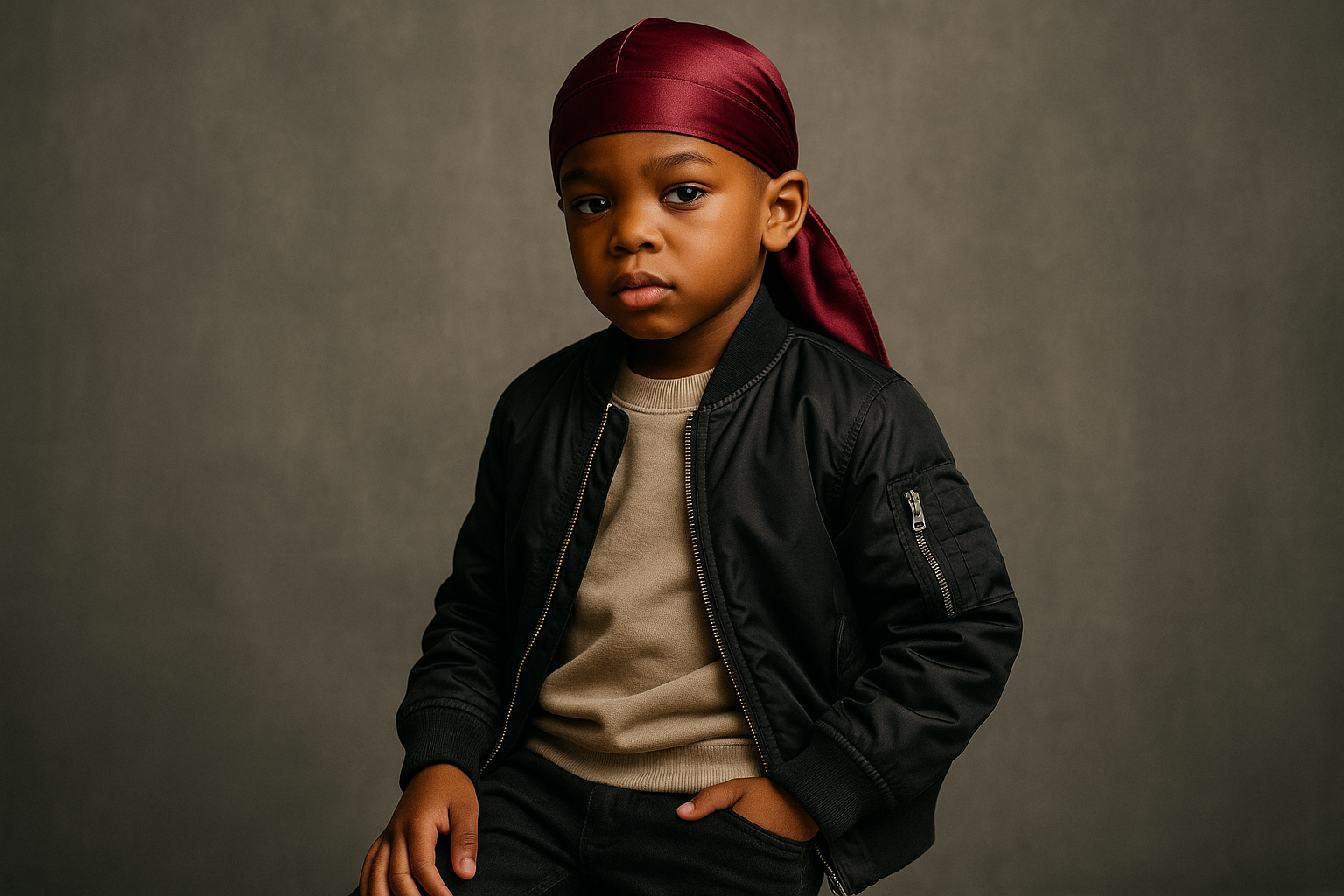 FASHIONABLE CHILD WEARING BURGUNDY DURAG