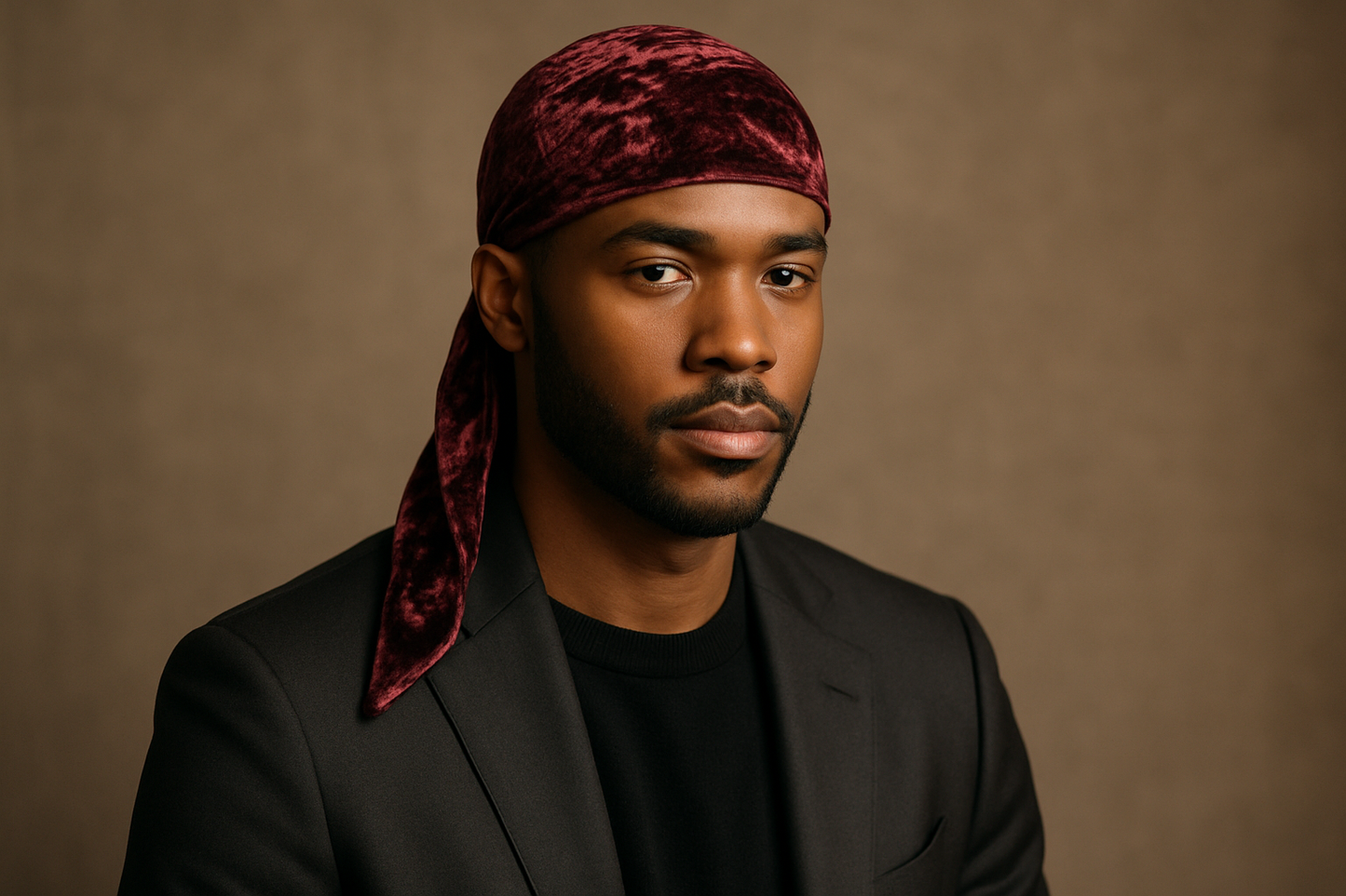 FASHIONABLE MAN WEARING CRUSHED VELVET DURAG