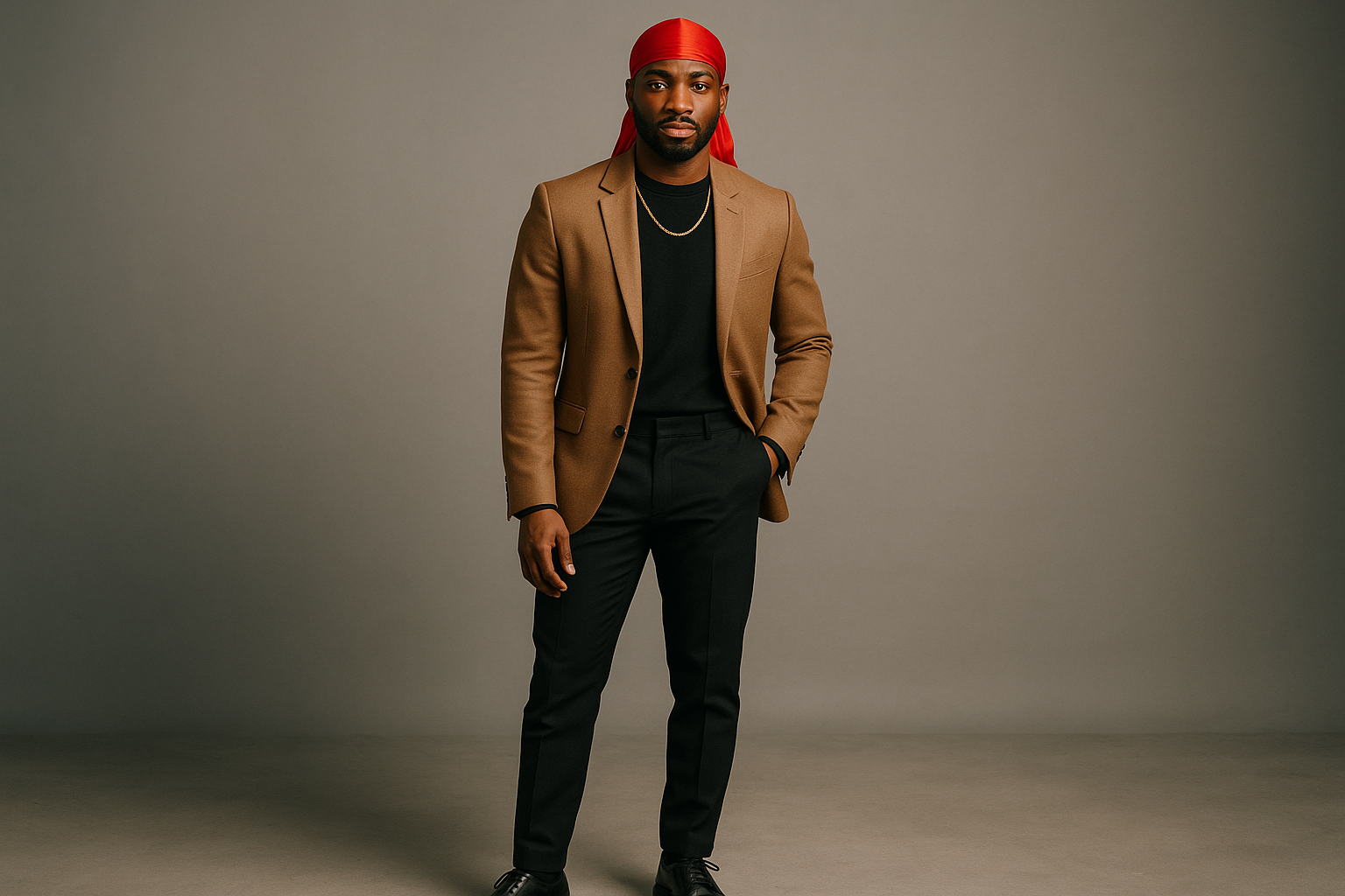 full body model type fashionable man wearing a red durag