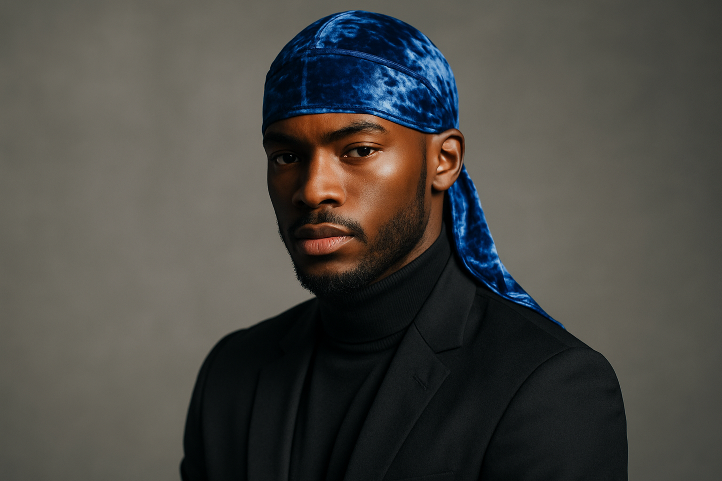 model with blue crushed velvet durag