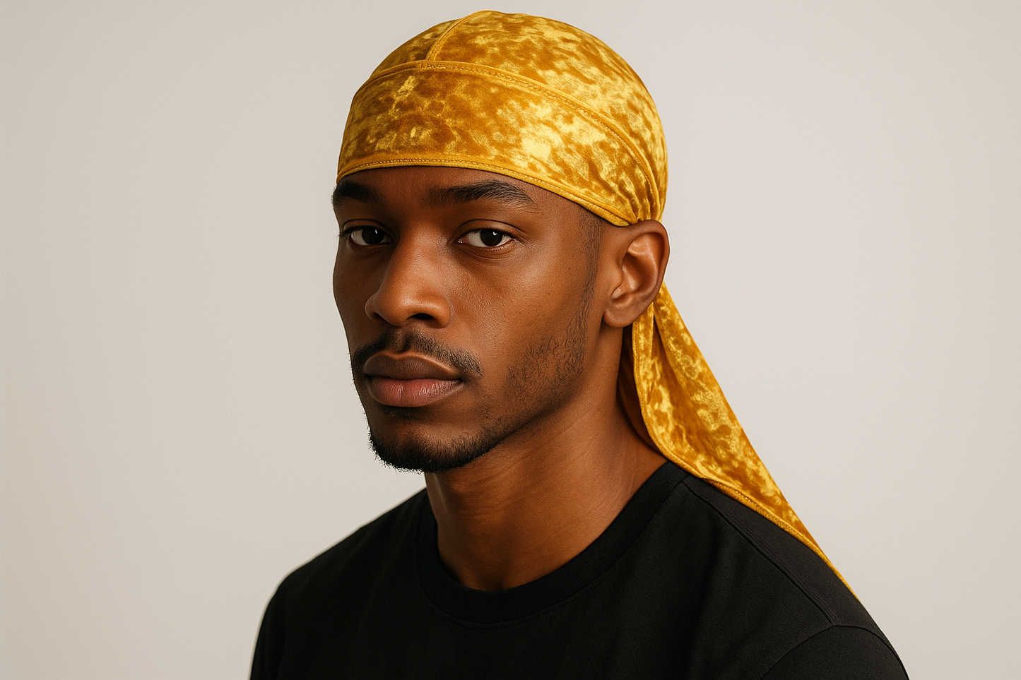 model with yellow crushed velvet durag