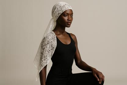 BLACK MODEL FULL BODY WHITE LACE DURAG