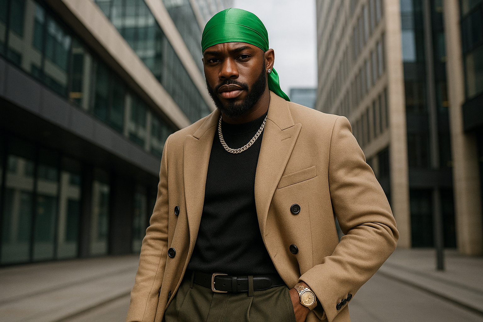 fashionable man with green durag
