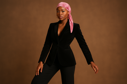 full body black woman wearing pink velvet durag