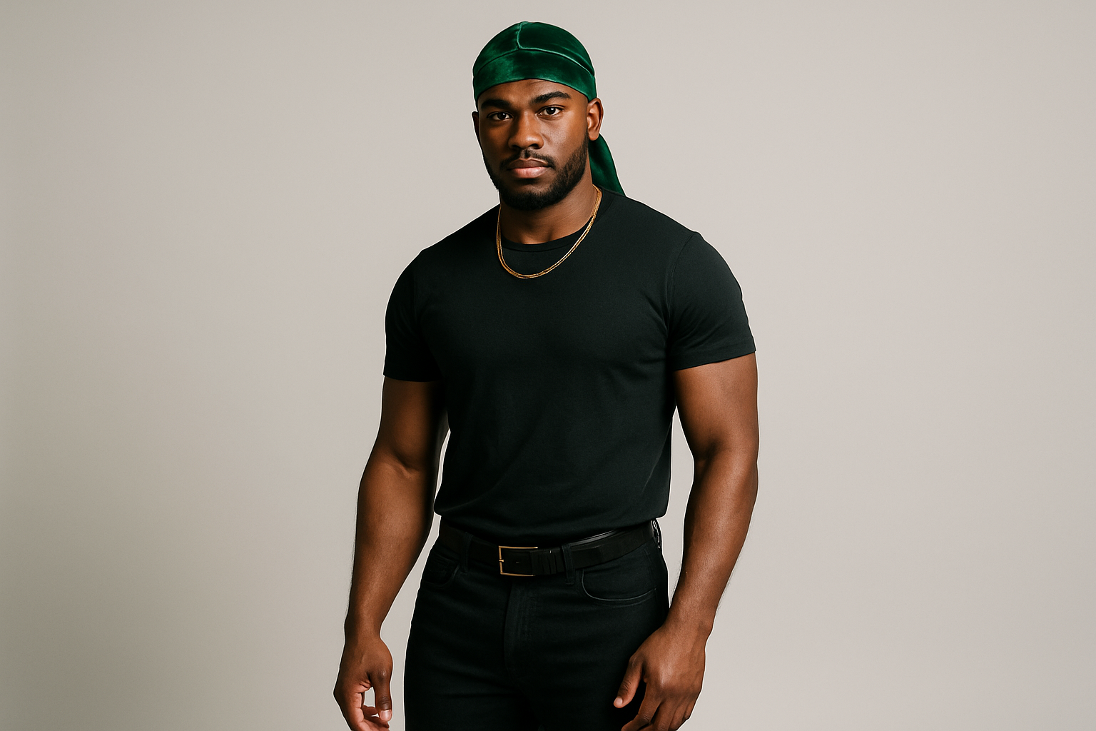 full body male with dark green velvet durag