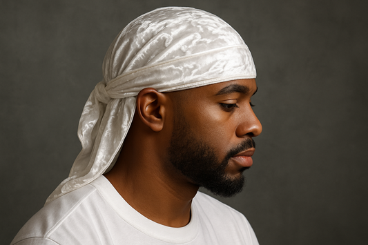 MAN WEARING WHITE CRUSHED VELVET DURAG