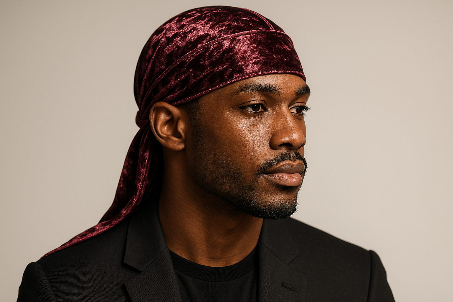 model with crushed velvet durag