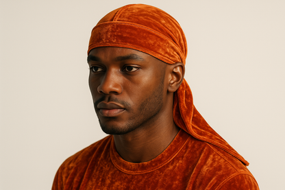 model with orange velvet durag
