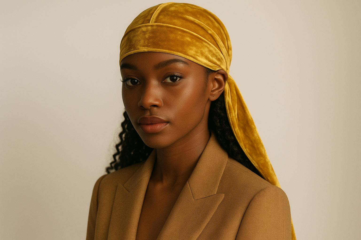 model with yellow velvet durag